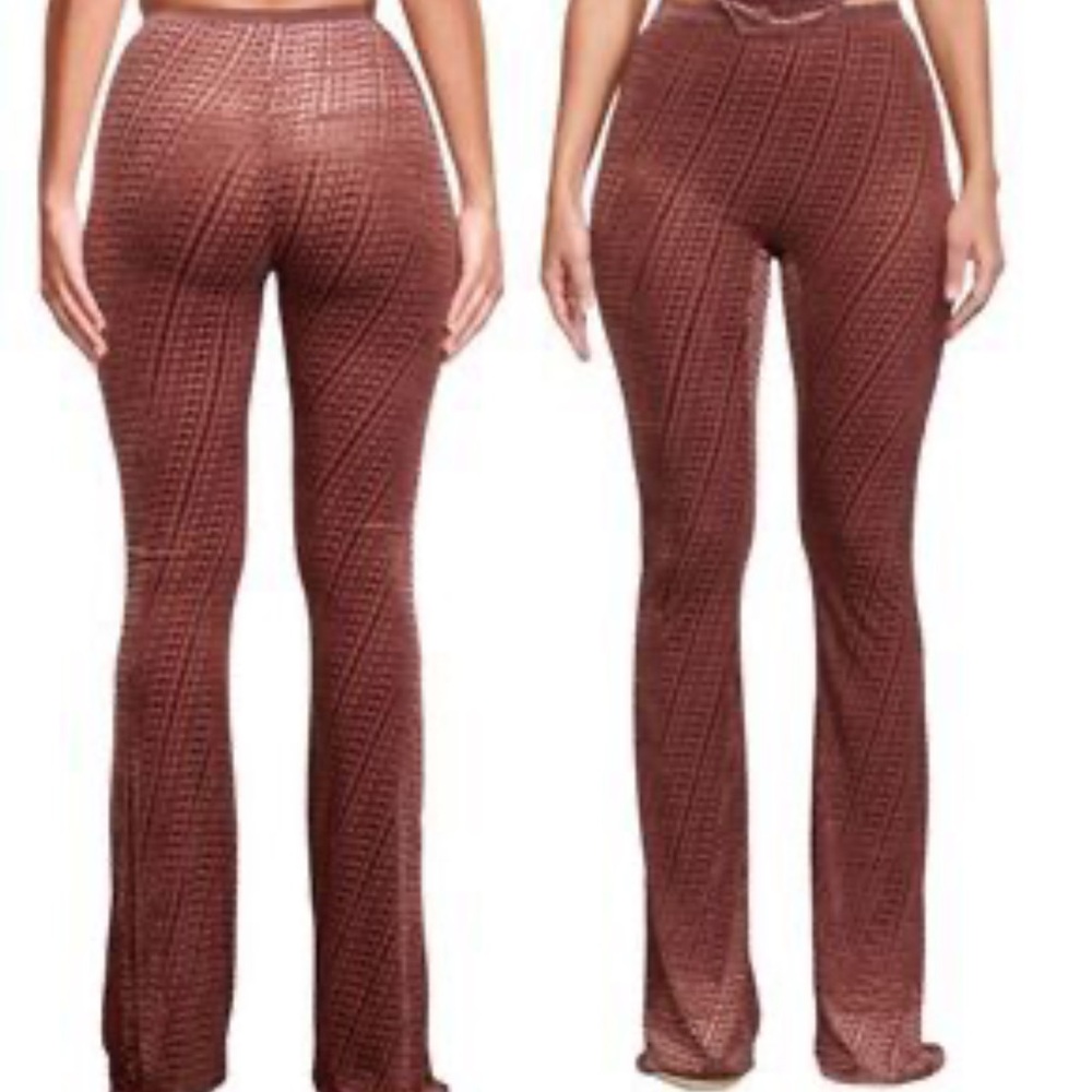SKIMS Brown Wide Leg Logo Velour Burn Out Flare Pants Leggings